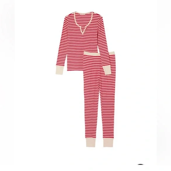 Victoria Secret Long Thermal Pajama Set Red & White Candy Cane Striped - Picture 3 of 9